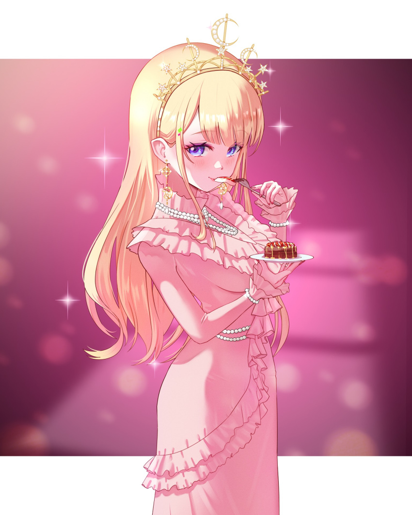 1girl aki_rosenthal ar-khey blonde_hair bracelet cake collared_dress crescent crescent_earrings dress earrings eating food fork frilled_dress frilled_sleeves frills from_side highres holding holding_fork holding_plate hololive hololive_english jewelry letterboxed long_hair long_sleeves looking_at_viewer necklace official_alternate_costume official_alternate_hairstyle pearl_bracelet pearl_necklace pink_dress pink_nails plate sidelocks smile solo standing tiara violet_eyes virtual_youtuber