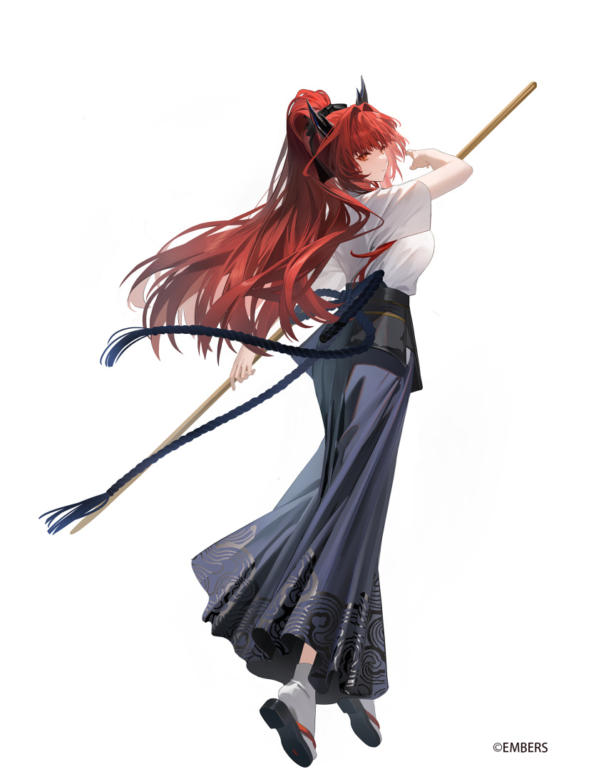 1girl absurdres ash_arms black_horns blue_hakama character_request commentary_request fighting_stance from_behind full_body hair_intakes hakama hakama_pants high_ponytail highres holding holding_staff horns japanese_clothes long_hair orange_eyes pants redhead renlili rope shirt slippers socks solo staff uwagi white_background white_shirt white_socks