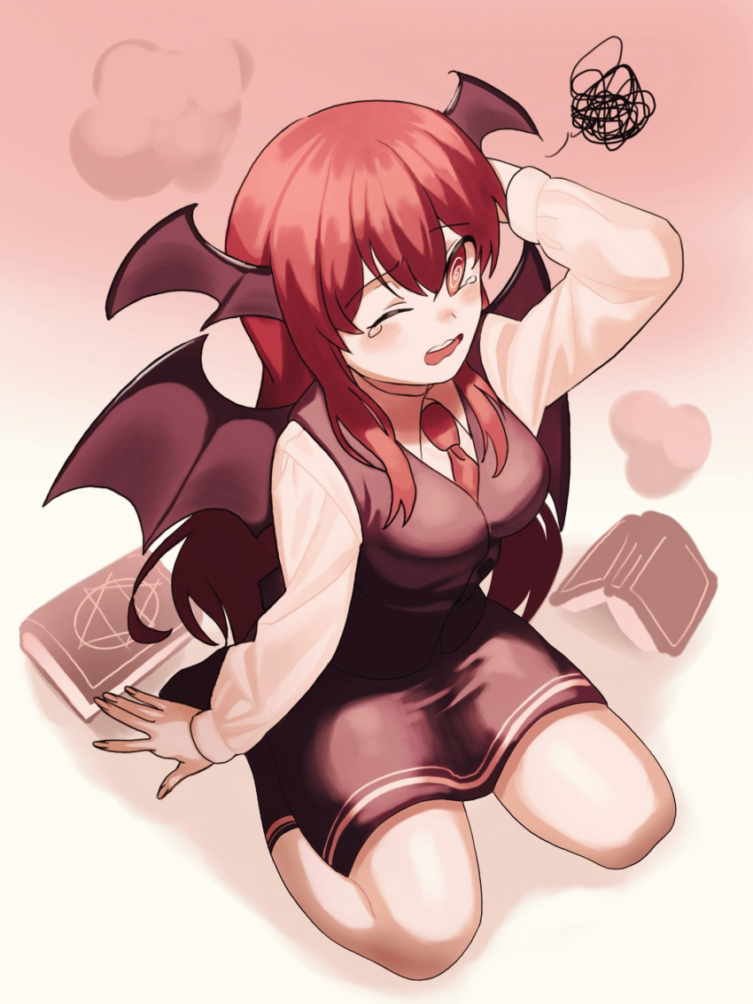 1girl @_@ black_skirt black_vest black_wings book breasts collared_shirt commentary_request demon_girl demon_wings from_above full_body gradient_background head_wings highres koakuma long_sleeves medium_breasts necktie one_eye_closed open_mouth red_eyes red_necktie redhead scribble shirt sitting skirt solo tearing_up touhou turtle-kun vest wariza white_shirt wings