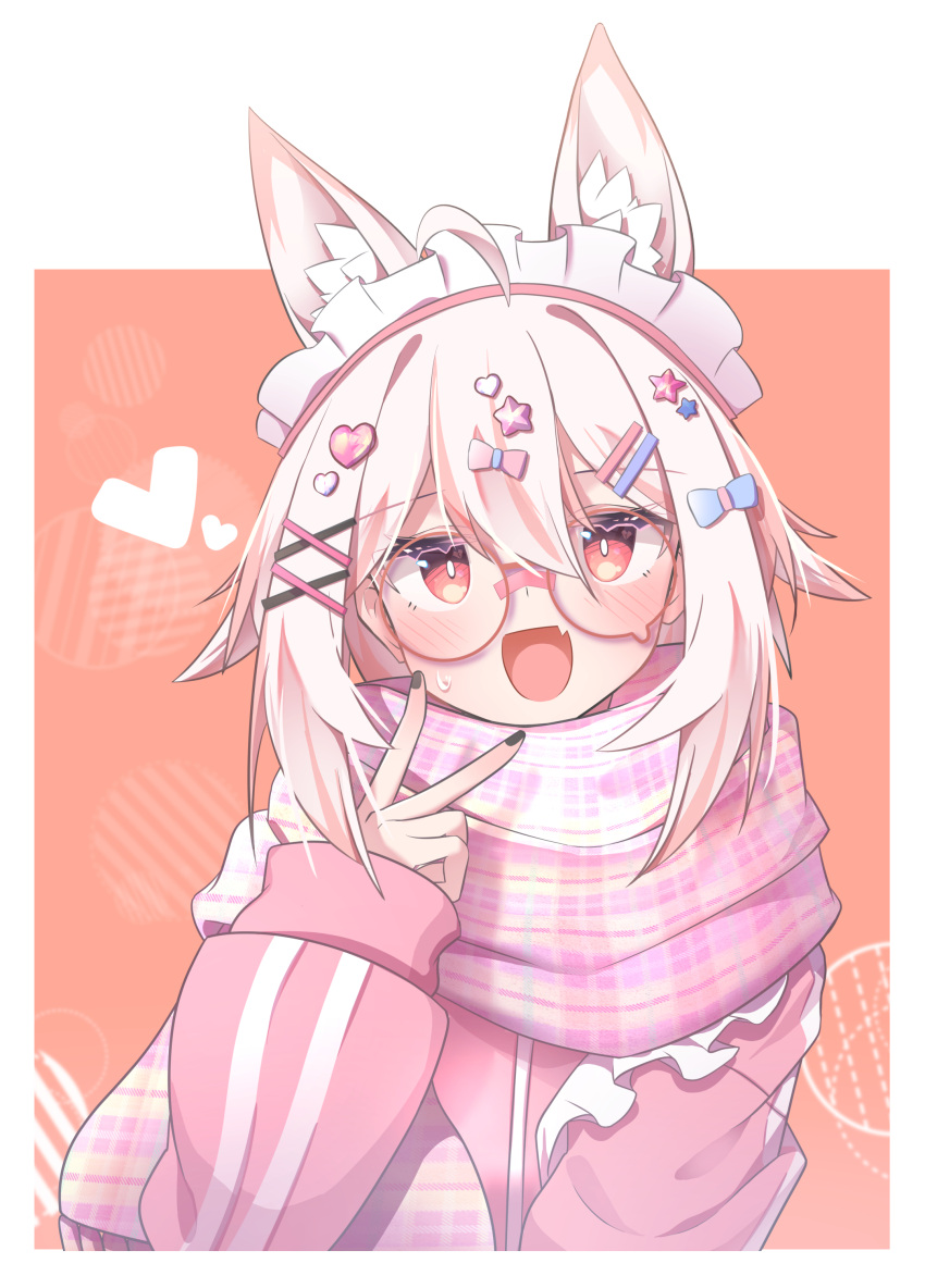 1girl absurdres ahoge animal_ear_fluff animal_ears blonde_hair bright_pupils fang fox_ears hair_between_eyes hair_ornament hairclip heart highres jacket looking_at_viewer medium_hair original pink_jacket pink_scarf plaid plaid_scarf red_background red_eyes round_eyewear satoh_vrc scarf skin_fang small_sweatdrop solo teardrop-framed_glasses upper_body v_over_mouth x_hair_ornament