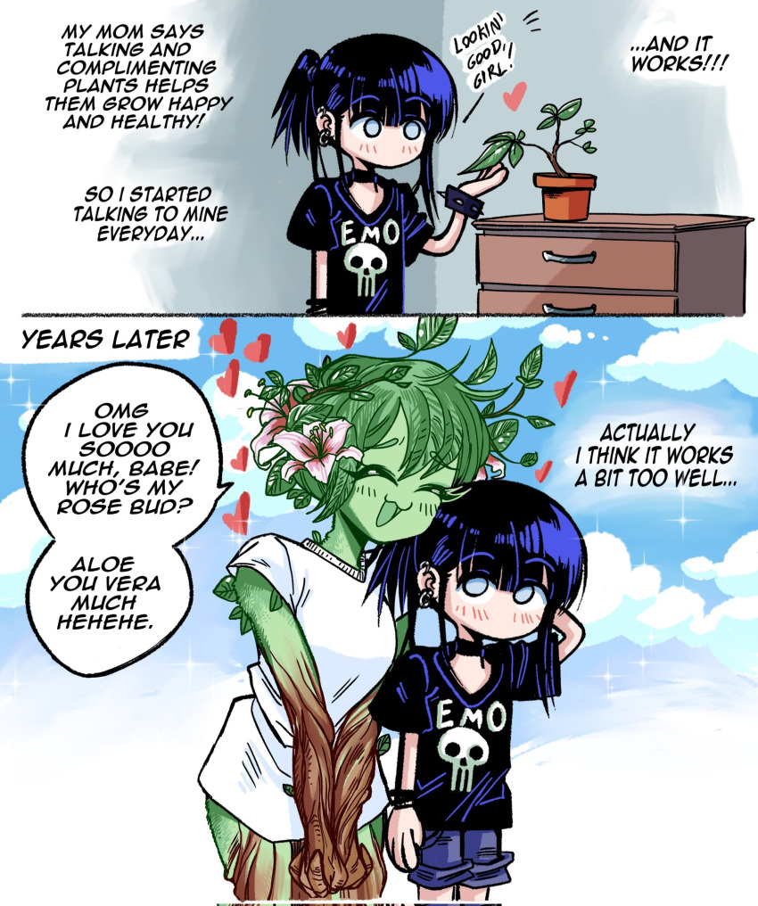 2girls blush bracelet closed_eyes corrupted_twitter_file emo-girl_(grs-) english_text grs- heart highres jewelry monster_girl multiple_girls no_mouth open_mouth original plant plant_girl potted_plant pun shirt spiked_bracelet spikes white_shirt yuri