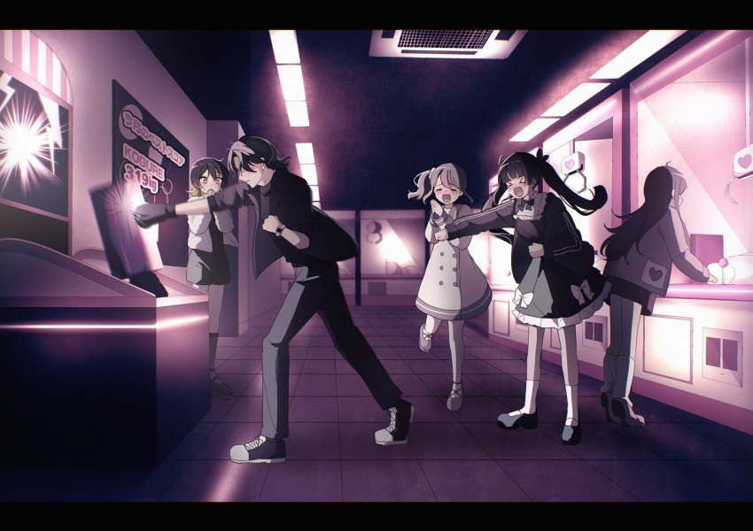 &gt;_&lt; 1boy 4girls :d azumaya_haruka black_camisole black_dress black_footwear black_hair black_jacket black_shirt black_shorts blonde_hair boxing_gloves breasts brown_footwear camisole ceiling_light clenched_hands closed_eyes collared_shirt crane_game crossed_arms dress dress_shirt fujisaki_fuuka fujisaki_kanon gradient_hair grey_hair grey_sailor_collar hand_to_own_mouth heart highres hiizumi_rinne indoors jacket letterboxed loafers long_hair long_sleeves loose_socks medium_breasts multicolored_hair multiple_girls open_clothes open_jacket open_shirt outstretched_arm own_hands_together palms_together pantyhose pink_footwear puffy_long_sleeves puffy_sleeves punching sailor_collar sailor_dress sakura_no_sekai shaded_face shirt shoes shorts side_ponytail smile socks standing tile_floor tiles tiptoes tokiwa_mimori track_jacket translation_request tsuruse twintails undershirt very_long_hair watch watch white_dress white_jacket white_pantyhose white_socks xd