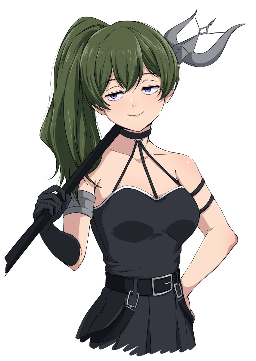 1girl absurdres arm_strap bare_shoulders belt belt_buckle black_belt black_choker black_dress black_gloves breasts buckle choker closed_mouth collarbone commentary_request cowboy_shot cropped_legs double-parted_bangs dress elbow_gloves gloves green_hair hair_between_eyes hand_on_own_hip hand_up highres holding holding_polearm holding_weapon jitome lips long_hair looking_to_the_side medium_breasts nishizuki_shino o-ring o-ring_choker over_shoulder pleated_skirt polearm side_ponytail simple_background single_glove skirt sleeveless sleeveless_dress smile solo sousou_no_frieren ubel_(sousou_no_frieren) violet_eyes weapon weapon_over_shoulder white_background