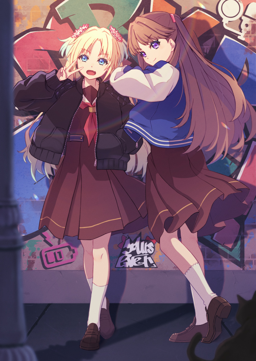 2girls against_wall blonde_hair blue_eyes blue_hair brown_hair brown_serafuku commentary_request facing_viewer fang from_side fujishima_megumi graffiti hand_in_pocket hasu_no_sora_school_uniform highres jacket lamppost link!_like!_love_live! loafers long_hair long_sleeves love_live! macken mira-cra_park! multicolored_hair multiple_girls neckerchief open_clothes open_jacket open_mouth osawa_rurino parted_bangs purple-tinted_eyewear red_neckerchief round_eyewear school_uniform serafuku shadow shoes side-by-side sidelocks skin_fang socks standing standing_on_one_leg sunglasses tinted_eyewear twintails two-tone_hair two_side_up v violet_eyes white_socks winter_uniform zipper