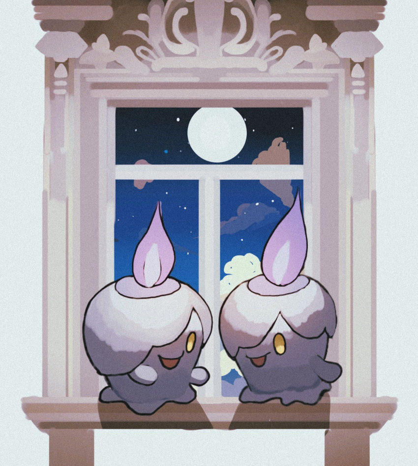 :d commentary_request fire full_moon highres litwick moon night night_sky no_humans open_mouth pokemon pokemon_(creature) purple_fire reo_(mmocc123) sky smile star_(sky) window yellow_eyes
