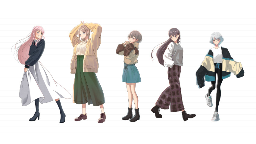 5girls absurdres arms_up bang_dream! bang_dream!_it's_mygo!!!!! black_footwear black_pants black_sweater blue_eyes blue_shorts boots brown_cardigan brown_eyes brown_footwear brown_hair brown_sweater cardigan chihaya_anon closed_mouth commentary_request green_skirt grey_eyes grey_hair grey_sweater_vest grin hands_in_pockets heterochromia high_heel_boots high_heels highres jacket kaname_raana leggings long_hair long_sleeves looking_at_viewer mole mole_under_eye multiple_girls mygo!!!!!_(bang_dream!) nagasaki_soyo off_shoulder open_cardigan open_clothes open_jacket pants parted_lips pink_hair plaid plaid_pants purple_pants shiina_taki shirt shoes short_hair shorts shu_atelier skirt skirt_hold sleeves_past_fingers sleeves_past_wrists smile sneakers standing standing_on_one_leg striped_background sweater sweater_vest takamatsu_tomori turtleneck turtleneck_sweater violet_eyes walking white_background white_footwear white_hair white_shirt white_skirt