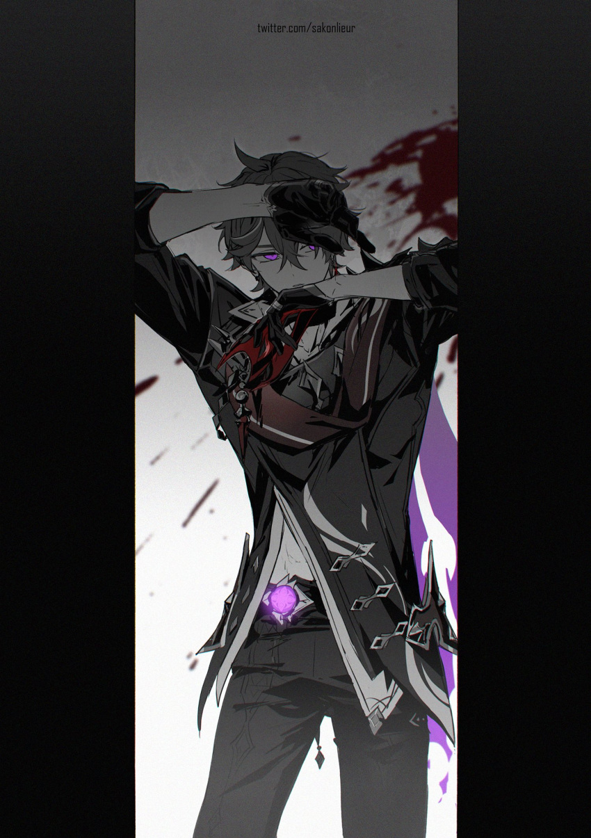 1boy ahoge arms_up artist_name belt blood blood_splatter cape collared_shirt cowboy_shot crossed_bangs dangle_earrings delusion_(genshin_impact) earrings genshin_impact gloves glowing glowing_eyes gradient_background grey_background greyscale hair_between_eyes half_gloves highres holding holding_mask jacket jewelry long_sleeves looking_at_viewer male_focus mask monochrome pants parted_lips pillarboxed popped_collar purple_cape red_mask ring sakon04 scarf shirt short_hair simple_background single_earring sleeves_rolled_up solo spot_color standing tartaglia_(genshin_impact) twitter_username unworn_mask violet_eyes white_background