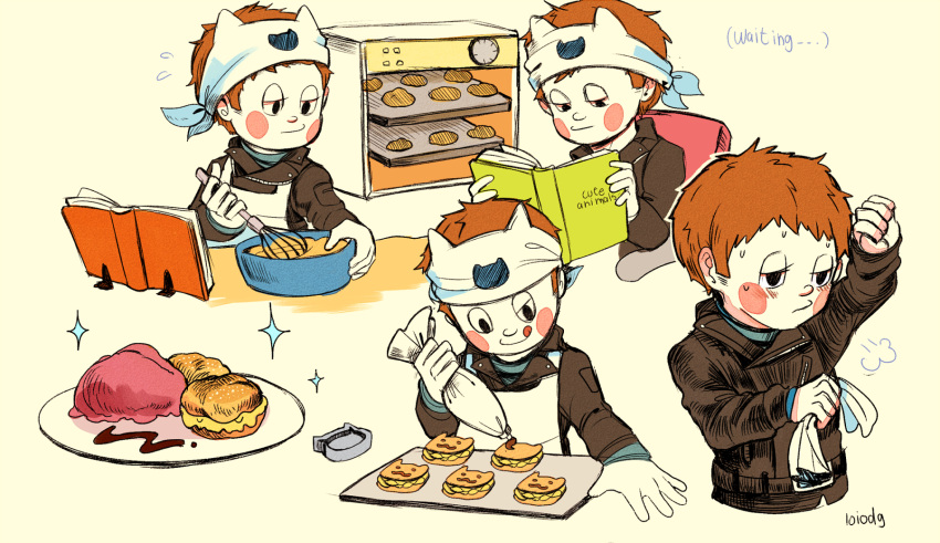 1boy :q alternate_headwear animal-themed_food animal_ear_headband animal_ears animal_print artist_name batter biscuit_(bread) black_eyes black_jacket black_sleeves blue_shirt blush_stickers book bowl brown_hair buttons cat_ears cat_print closed_mouth collared_jacket commentary cooking cropped_legs danganronpa_(series) danganronpa_v3:_killing_harmony english_commentary english_text expressionless fake_animal_ears flying_sweatdrops half-closed_eye half-closed_eyes headband highres holding holding_book holding_bowl holding_headband holding_pipette holding_whip hoshi_ryoma jacket layered_sleeves leather leather_jacket loiodg long_sleeves male_focus multiple_views no_headwear on_chair oven pipette plate reading shirt short_hair sigh simple_background sitting smile sparkle stirring striped_clothes striped_shirt tongue tongue_out tray white_headband wiping_sweat yellow_background zipper