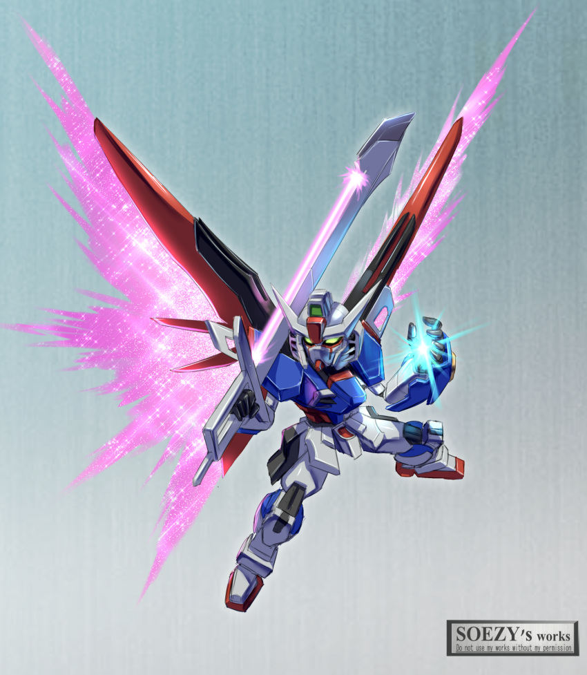 artist_logo assassin_silver chibi commentary_request destiny_gundam_spec_ii energy_sword energy_wings full_body glowing glowing_hand green_eyes gundam gundam_seed gundam_seed_freedom highres holding holding_sword holding_weapon legs_apart light_particles mecha mecha_focus mobile_suit no_humans over_shoulder robot science_fiction sd_gundam solo sword v-fin weapon weapon_over_shoulder