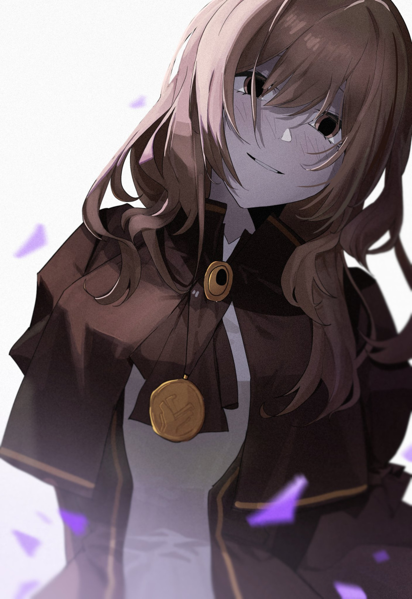 1girl ascot brooch brown_ascot brown_eyes brown_hair brown_jacket catherine_(project_moon) cowboy_shot empty_eyes flower hasugu highres jacket jewelry limbus_company long_hair long_sleeves necklace petals project_moon purple_flower simple_background solo upper_body white_background
