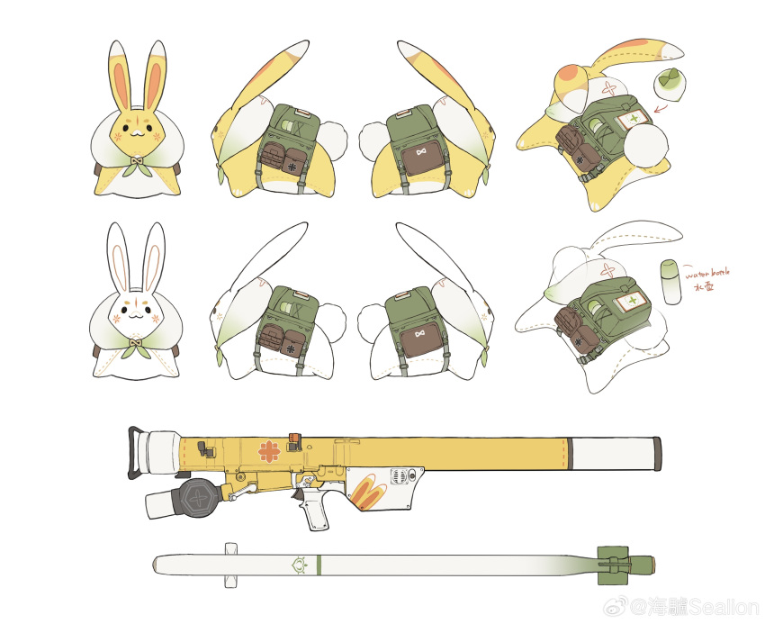 absurdres backpack bag bottle chinese_text english_text furoshiki_around_neck genshin_impact green_bag highres missile multiple_views no_humans reference_sheet rocket_launcher seallllion stuffed_animal stuffed_rabbit stuffed_toy turnaround water_bottle weapon weapon_focus weibo_logo weibo_watermark white_background yuegui_(genshin_impact)