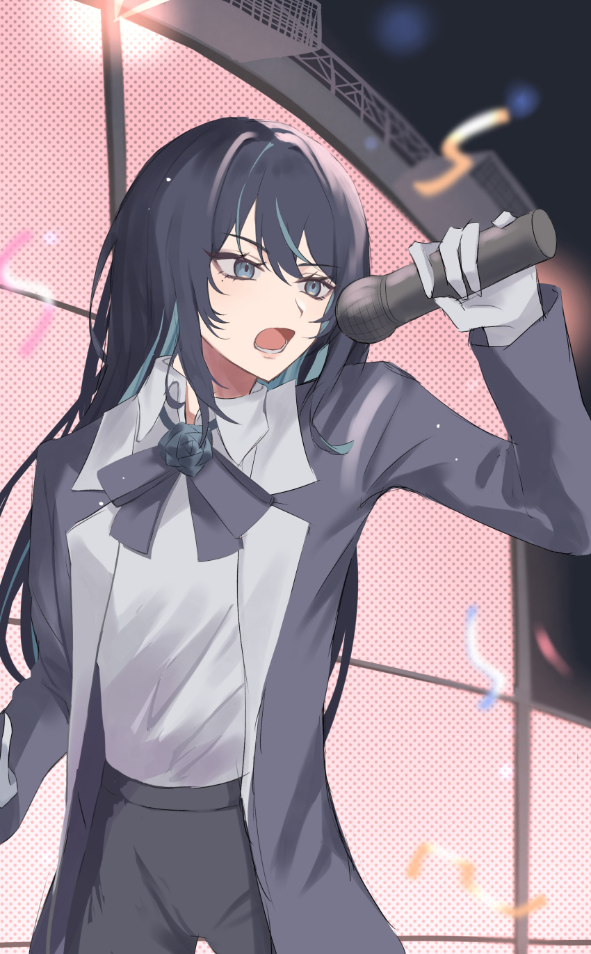 1girl absurdres ado_(utaite) black_bow black_bowtie black_coat black_hair black_pants blue_eyes blue_hair bow bowtie chando_(ado) cloud_nine_inc coat collared_shirt colored_inner_hair commentary_request flower_brooch gloves hair_between_eyes highres holding holding_microphone long_hair long_sleeves lower_teeth_only microphone mole mole_under_eye multicolored_hair open_clothes open_coat open_mouth pants partial_commentary shirt sidelocks solo stage teeth tsukuno_tsuki two-tone_hair utaite white_gloves white_shirt