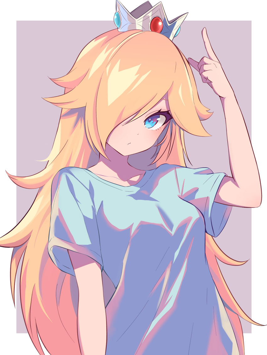 1girl absurdres alternate_costume blonde_hair blue_eyes blue_shirt closed_mouth collarbone crown eyelashes hair_over_one_eye highres index_finger_raised long_bangs long_hair looking_at_viewer pointing pointing_up rosalina ryu160303 shirt short_sleeves solo super_mario_bros. upper_body very_long_hair