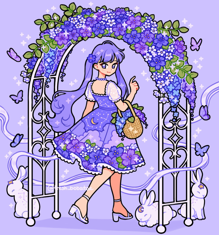 1girl arch basket bug butterfly choker constellation_print crescent crescent_facial_mark dress emily_kim facial_mark floral_arch floral_print floral_print_dress flower forehead_mark from_behind hair_flower hair_ornament highres holding holding_basket monochrome original pastel_colors puffy_short_sleeves puffy_sleeves purple_background purple_butterfly purple_choker purple_dress purple_flower purple_hair rabbit sandals see-through see-through_sleeves short_sleeves simple_background sparkle twintails twitter_username violet_eyes white_footwear white_rabbit_(animal) wisteria