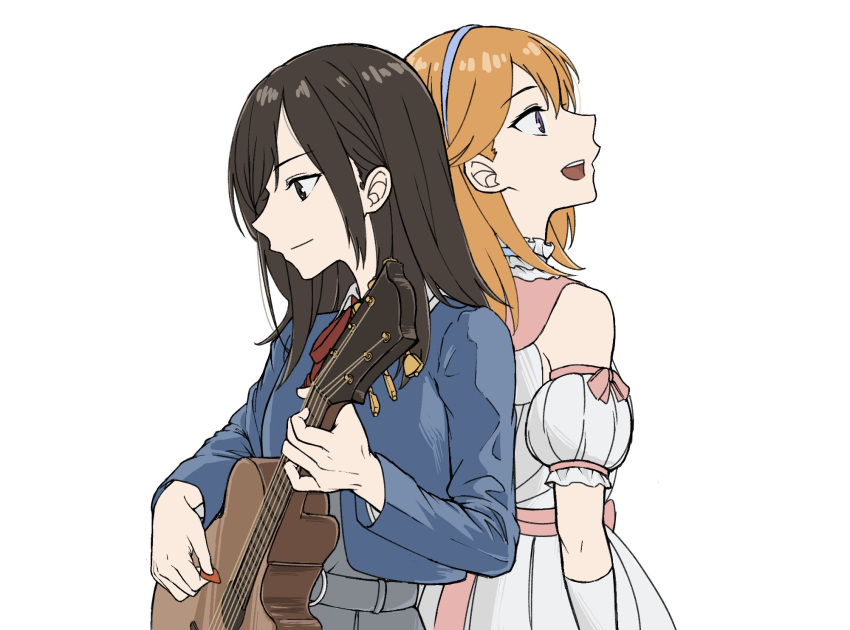 2girls acoustic_guitar back-to-back blue_hairband blue_jacket brown_eyes brown_hair closed_mouth commentary_request date_sayuri detached_sleeves dress from_side grey_dress guitar hairband highres holding holding_instrument holding_plectrum instrument jacket long_sleeves looking_afar looking_down love_live! love_live!_superstar!! multiple_girls music open_mouth orange_hair playing_instrument plectrum puffy_detached_sleeves puffy_sleeves school_uniform shibuya_kanon sidelocks sideways_mouth standing tiny_stars upper_body violet_eyes voice_actor voice_actor_connection white_background white_dress winter_uniform yakult1124 yuigaoka_school_uniform