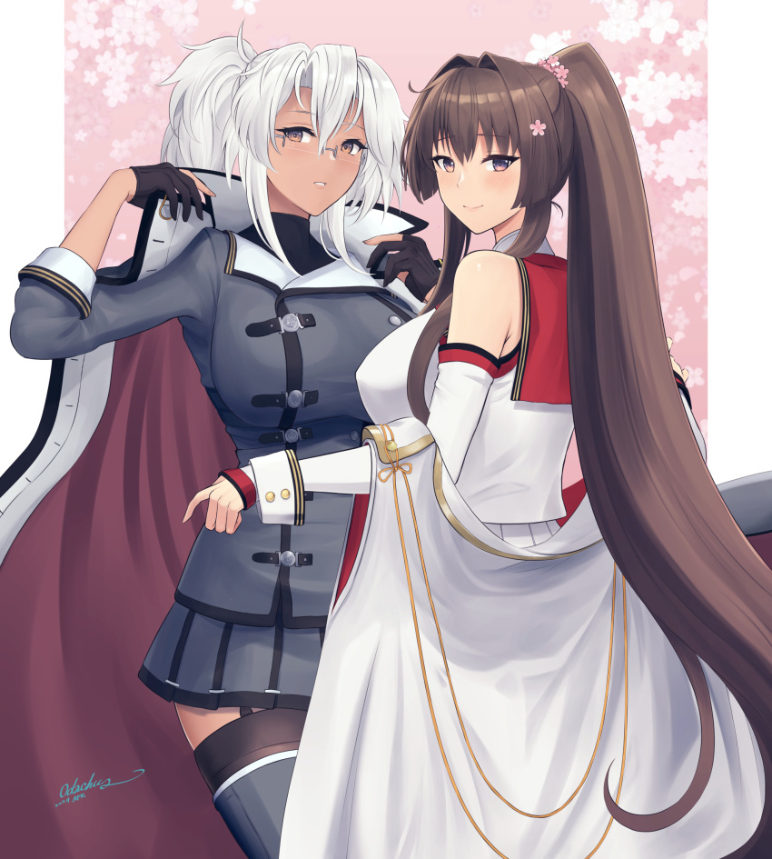 2girls black_gloves blush breasts brown_eyes brown_hair closed_mouth fingerless_gloves glasses gloves grey_hair grey_skirt hair_between_eyes highres kantai_collection large_breasts long_coat long_hair long_sleeves multiple_girls musashi_(kancolle) musashi_kai_ni_(kancolle) odachu open_mouth pleated_skirt ponytail skirt smile two_side_up white_skirt yamato_(kancolle) yamato_kai_ni_(kancolle)