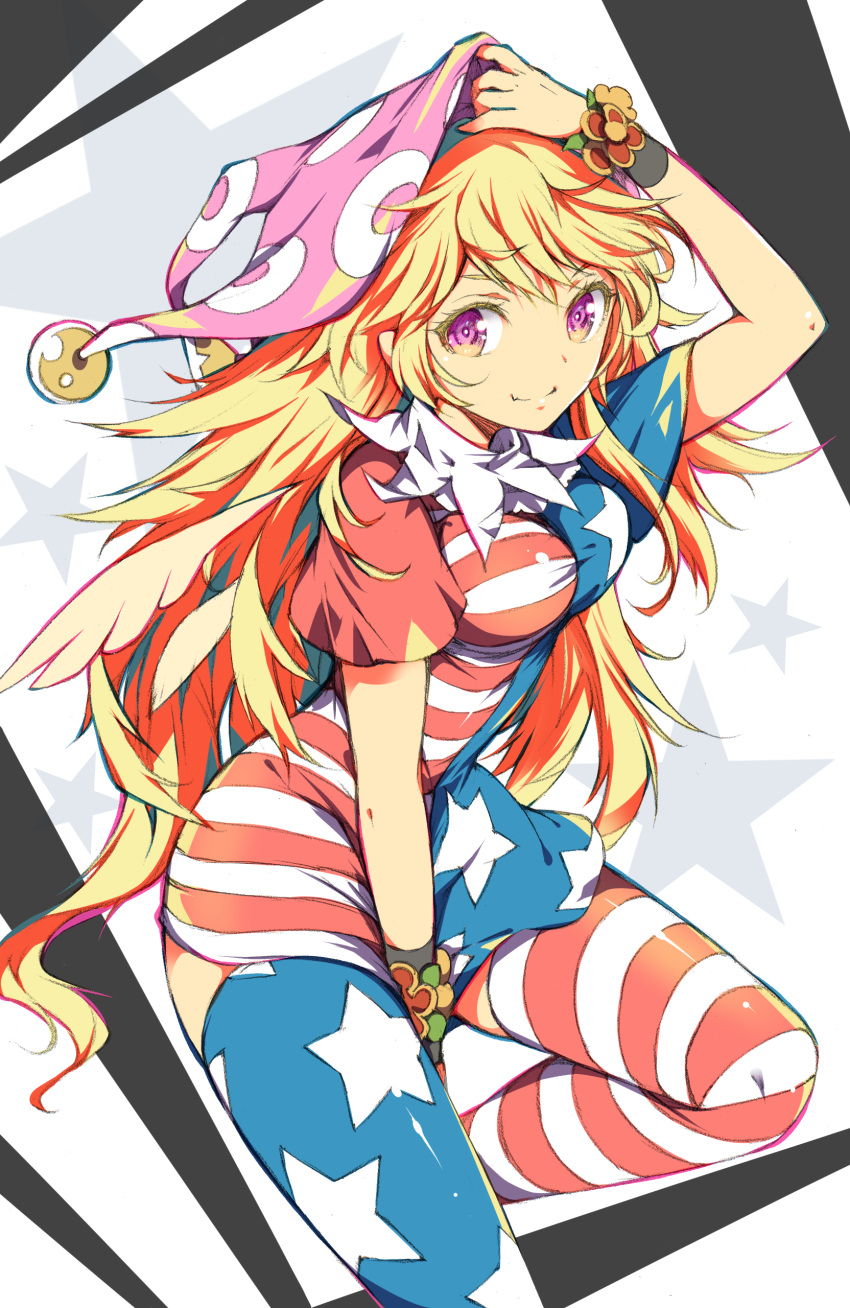 1girl absurdres american_flag_dress american_flag_legwear blonde_hair closed_mouth clownpiece commentary_request hat highres ichizen_(o_tori) jester_cap long_hair looking_at_viewer messy_hair neck_ruff pink_eyes pink_hat smile solo star_(symbol) star_print striped_clothes striped_thighhighs thigh-highs touhou