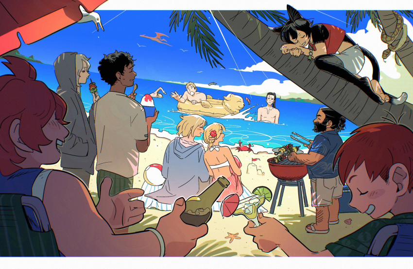 4girls 6+boys alcohol alternate_universe animal_ears arm_hair ball beach beach_chair beach_towel beach_umbrella beachball beard beer beer_bottle bikini bird black_fur black_hair blonde_hair blue_shirt blue_sky blush_stickers border brown_hair cat_ears cat_girl cat_tail chilchuck_tims closed_eyes clouds cocktail cocktail_glass cocktail_umbrella commentary cooking crab cup dragon drinking_glass drooling dungeon_meshi dwarf eating elf facial_hair falin_thorden feathers fish flower food forked_tongue from_behind fruit green_shirt grill grilling hair_flower hair_ornament halfling hawaiian_shirt highres holding holding_cup holding_plate holding_skewer holding_spoon holding_tongs hugging_own_legs ice ice_cube izutsumi kabru laios_thorden leaning_on_person leg_hair lime_(fruit) lime_slice long_hair male_swimwear marcille_donato medium_hair miniskirt mithrun mouth_drool multiple_boys multiple_girls mustache namari_(dungeon_meshi) ocean palm_leaf palm_tree plate pointy_ears ponytail red_flag red_sarong red_tank_top redhead robodumpling sand sand_castle sand_sculpture sandals sarong seagull seashell senshi_(dungeon_meshi) shell shirt short_hair short_sleeves shorts shurou sitting skewer skirt sky sleeping sleeveless smile snake sorbet_(food) spoon starfish summer sweatdrop swim_ring swim_trunks swimming swimsuit symbol-only_commentary tail tan tank_top toasting_(gesture) tongs tongue towel tree umbrella white_bikini white_border white_hair white_shirt white_shorts yaad_(dungeon_meshi)