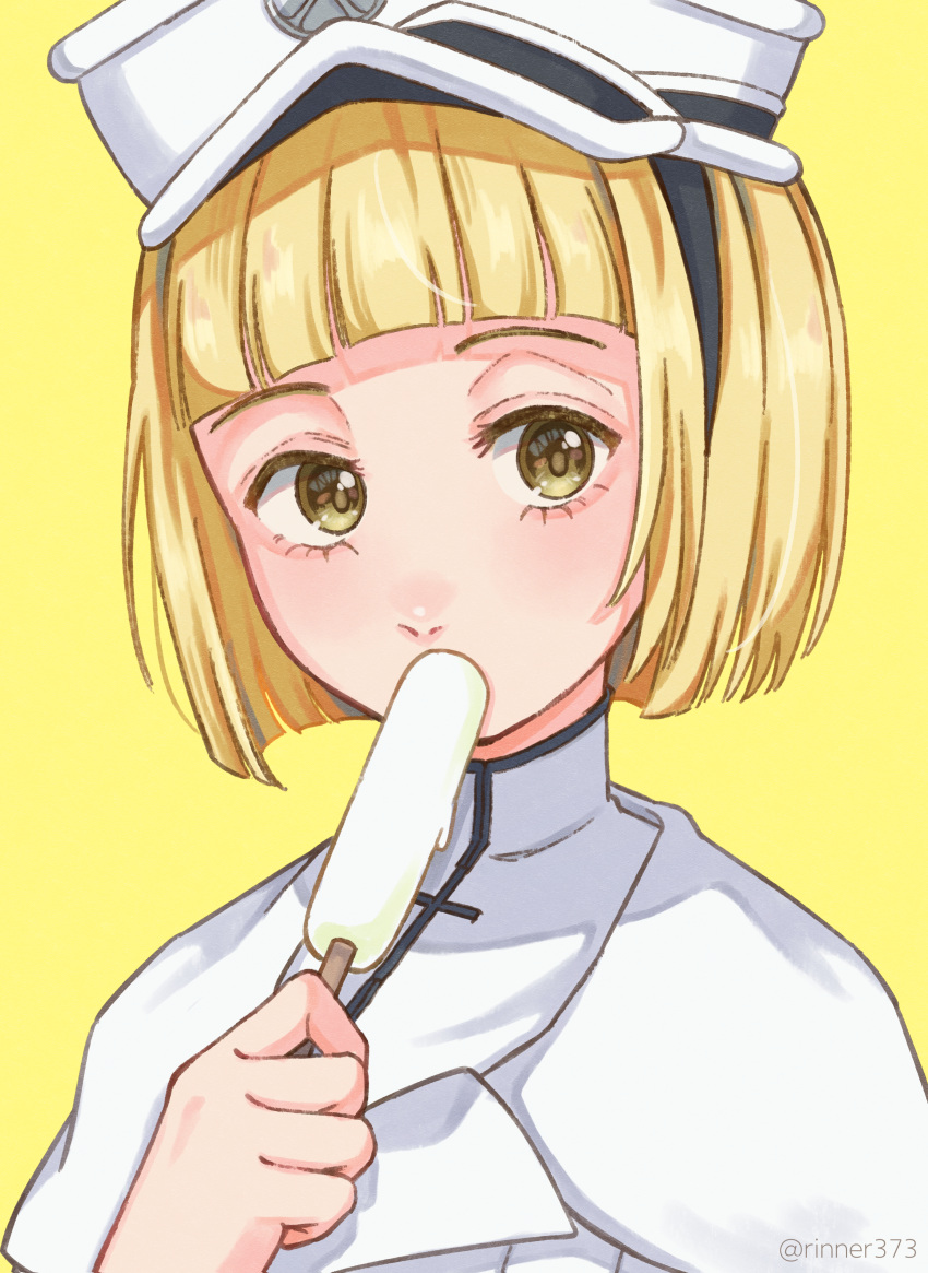 1girl absurdres bleach bleach:_sennen_kessen-hen blonde_hair blunt_bangs blunt_ends blush close-up colored_eyelashes commentary_request eyelashes food food_in_mouth hand_up hat highres holding holding_food holding_popsicle jacket liltotto_lamperd looking_at_viewer military_hat popsicle rinner373 short_hair simple_background solo straight_hair twitter_username white_hat white_jacket yellow_background yellow_eyes