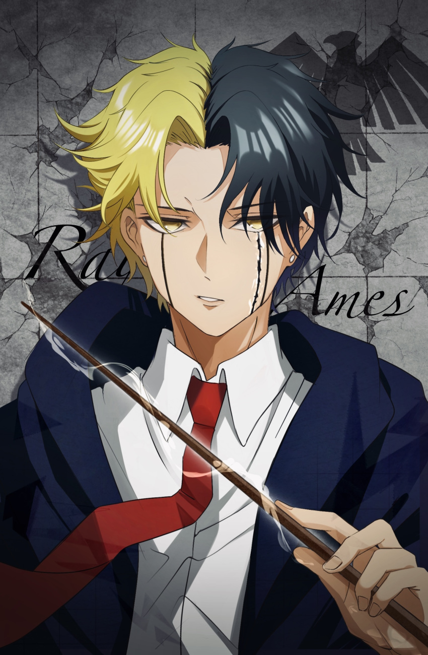1boy black_hair black_robe blonde_hair character_name collared_shirt facial_mark highres mashle multicolored_hair necktie parted_lips rayne_ames red_necktie robe ru-san_0617 shirt short_hair solo split-color_hair tears upper_body wand white_shirt yellow_eyes