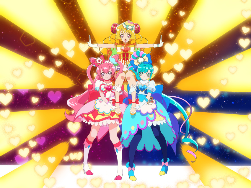 3girls ankle_boots back_bow blonde_hair blue_bow blue_footwear blue_hair blue_pantyhose boots bow brooch bun_cover china_dress chinese_clothes choker closed_mouth commentary cone_hair_bun cure_precious cure_spicy cure_yum-yum delicious_party_precure double_bun dress earrings flats frown fuwa_kokone gloves green_eyes hair_bow hair_bun hanamichi_ran heart heart_brooch highres huge_bow jewelry knee_boots kome-kome_(precure) lifting_person light_rays long_hair looking_at_viewer magical_girl mem-mem_(precure) multiple_girls nagomi_yui on_kazu open_mouth orange_bow orange_dress orange_footwear outstretched_arms pam-pam_(precure) pantyhose pink_dress pink_hair precure puffy_short_sleeves puffy_sleeves red_bow red_choker red_eyes rope short_dress short_hair short_sleeves side_ponytail smile sparkle spread_arms standing triple_bun two_side_up very_long_hair violet_eyes white_footwear white_gloves yellow_bow