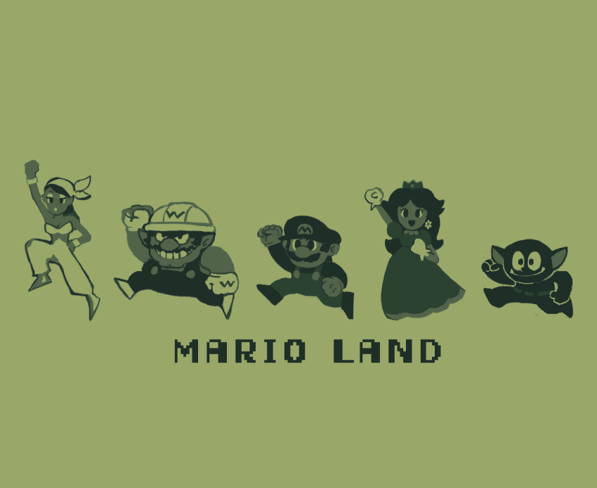 2girls 3boys alien arm_up bandana captain_syrup crown dress earrings facial_hair flower_earrings gloves green_background hat jewelry jumping mario monochrome multiple_boys multiple_girls mustache overalls princess_daisy rinabee_(rinabele0120) simple_background smile super_mario_bros. super_mario_land tatanga wario wario_land wario_land:_super_mario_land_3 white_gloves