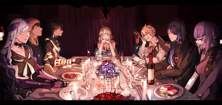 3girls 4boys 7wata_himori arash_(fate) armor black_dress black_hair black_robe blonde_hair blood blood_on_face blue_dress bone bottle bouquet breastplate breasts brooch brynhildr_(fate) candelabra candle candlestand champagne_flute collared_shirt commentary_request cup dress drinking_glass earrings fate/prototype fate/prototype:_fragments_of_blue_and_silver fate_(series) feast hair_over_one_eye hassan_of_serenity_(fate) highres hood hood_up jekyll_and_hyde_(fate) jewelry long_hair mask multiple_boys multiple_girls ozymandias_(fate) paracelsus_(fate) plate purple_hair robe sajou_manaka sharp_teeth shirt short_hair skull_mask small_breasts smile spoilers teeth utensil white_shirt yellow_eyes