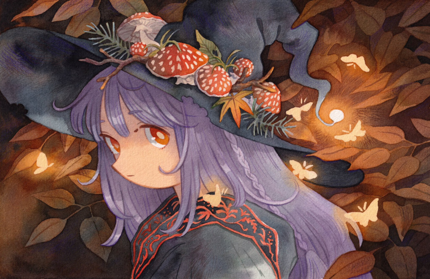 1girl autumn autumn_leaves black_robe braid brown_background bug butterfly closed_mouth fly_agaric glowing glowing_butterfly glowing_hat hat heikala highres hood hood_down long_hair looking_at_viewer looking_to_the_side mushroom orange_butterfly orange_eyes original purple_hair robe solo witch witch_hat