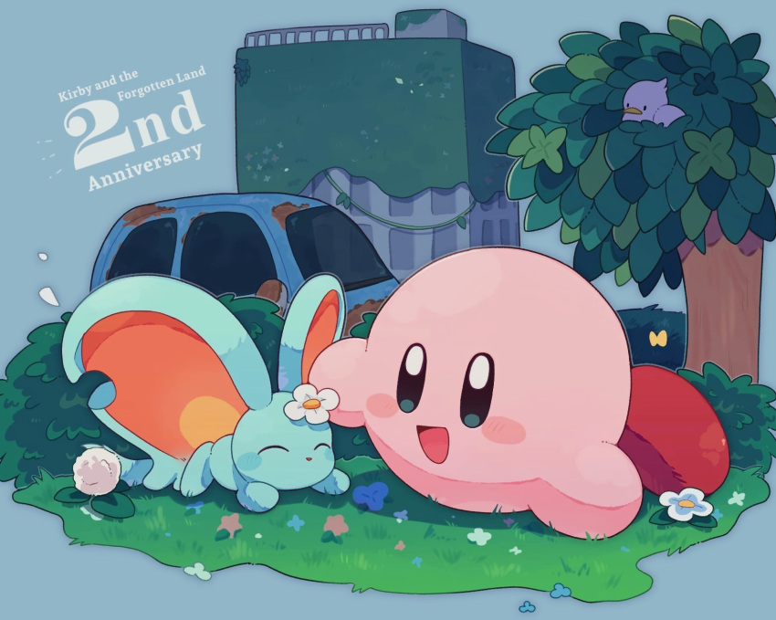 :d anniversary bird black_eyes blue_background blush_stickers bright_pupils closed_eyes elfilin flower happy highres kirby kirby_(series) kirby_and_the_forgotten_land large_ears lying mofupoyo no_humans on_stomach smile white_pupils