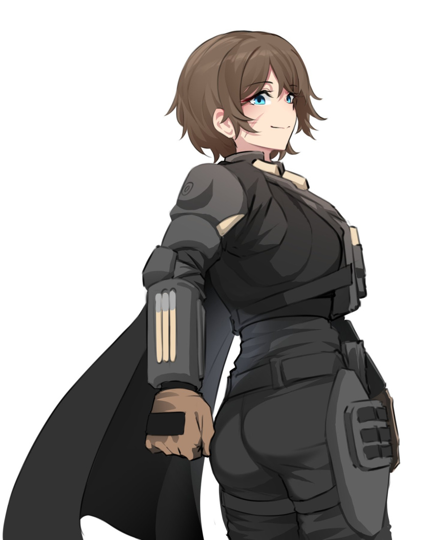 1girl armor blue_eyes brown_hair cape commentary cowboy_shot english_commentary gloves helldiver_(helldivers) helldivers_(series) highres k0ng looking_at_viewer looking_back medium_hair scar scar_on_cheek scar_on_face simple_background smile solo tactical_clothes