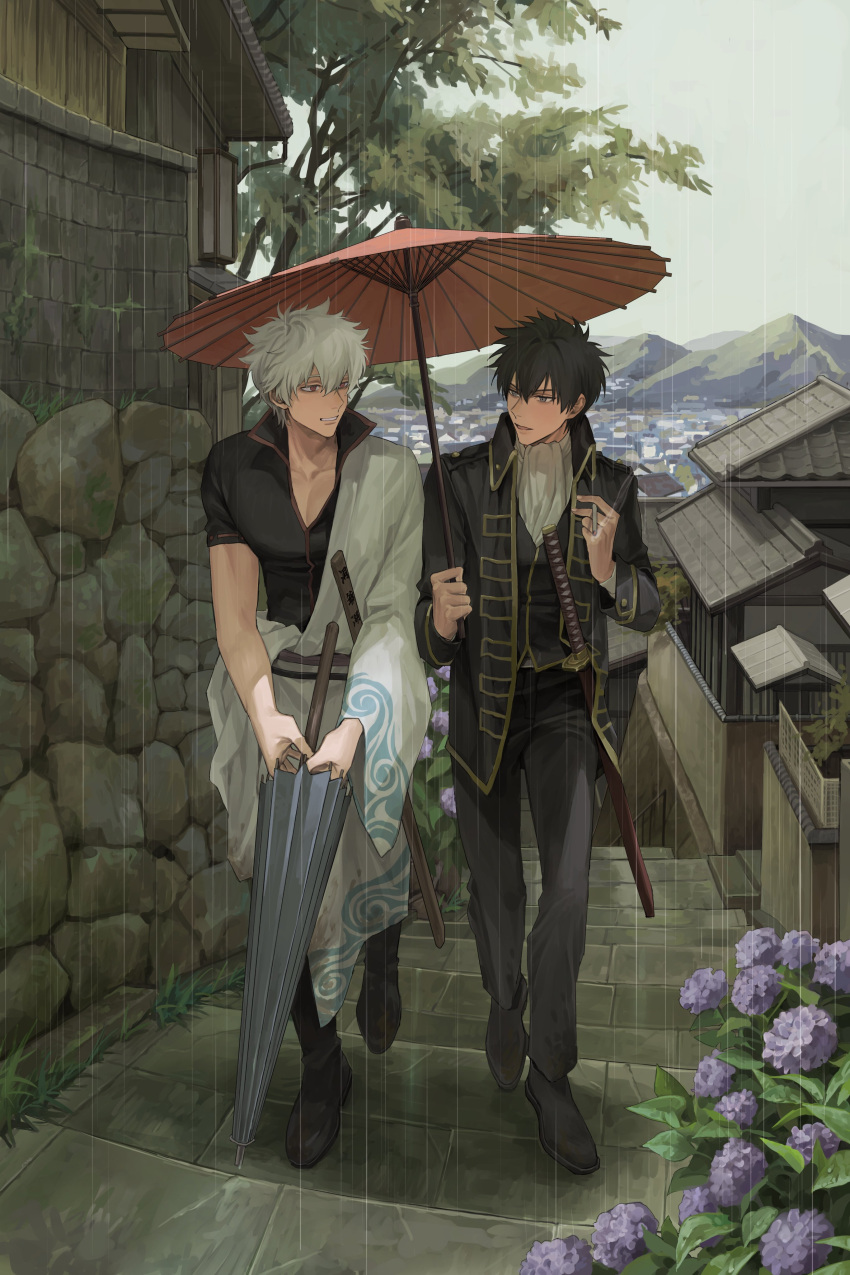 2boys absurdres ascot black_footwear black_hair black_jacket black_pants chinese_commentary cityscape clouds cloudy_sky commentary_request flower full_body gintama hair_between_eyes highres hijikata_toushirou hill house jacket long_sleeves male_focus multiple_boys oil-paper_umbrella outdoors pants purple_flower rain robe sakata_gintoki shared_umbrella shoes short_hair sky stairs stone_stairs tree umbrella walking white_ascot white_hair white_robe xi_hsi