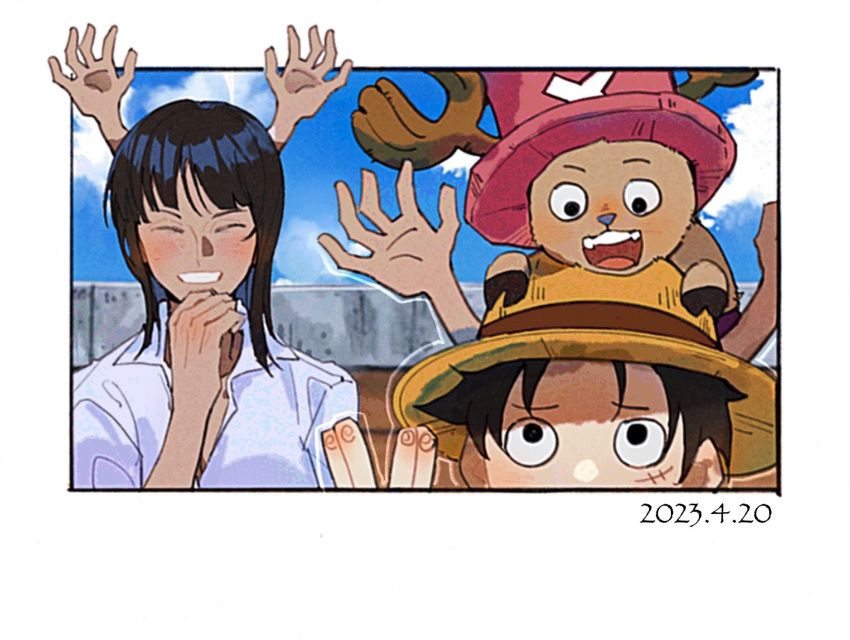 1girl 2023 2boys ^_^ antlers black_hair blush close-up closed_eyes clouds collared_shirt commentary cross dated extra_arms hat highres horns looking_down looking_up medium_hair monkey_d._luffy multiple_boys nico_robin on_head one_piece onecata11 pink_hat salute scar scar_on_face shirt short_hair sky smile straw_hat tony_tony_chopper vulcan_salute