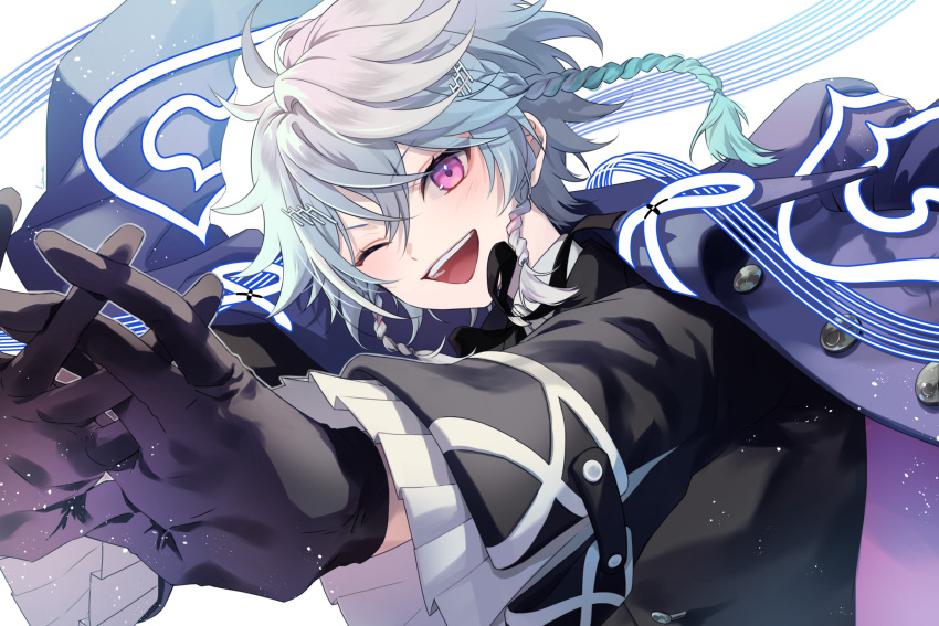 1boy bishounen black_gloves blue_hair blush buttons eyelashes foreshortening frilled_sleeves frills gloves gradient_background grey_hair hair_between_eyes happy highres holostars holostars_english jacket jacket_on_shoulders light_particles long_sleeves looking_at_viewer luma8b male_focus octavio one_eye_closed open_mouth pink_eyes solo swept_bangs teeth tri_braids upper_body upper_teeth_only virtual_youtuber