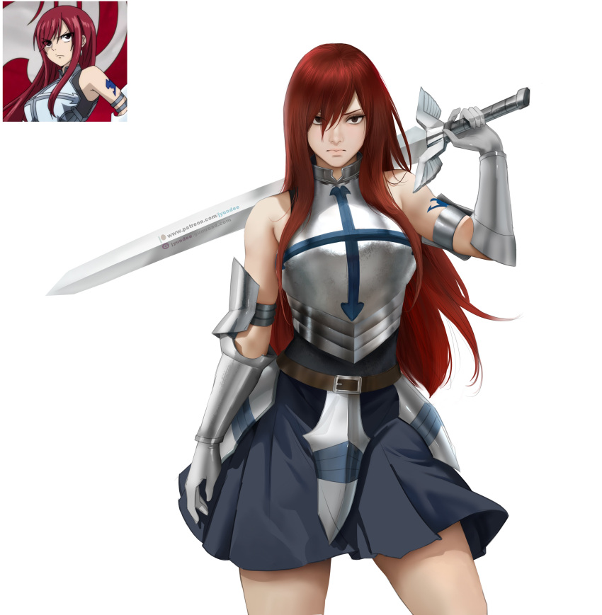 1girl absurdres arm_tattoo armor armored_dress bare_shoulders belt belt_buckle blue_skirt breastplate brown_eyes buckle closed_mouth cowboy_shot erza_scarlet eyelashes fairy_tail frown gauntlets guard hair_over_one_eye highres holding holding_sword holding_weapon jyundee lips long_hair looking_at_viewer multiple_views over_shoulder pleated_skirt redhead skirt sword sword_over_shoulder tattoo thighs v-shaped_eyebrows vambraces weapon weapon_over_shoulder white_background
