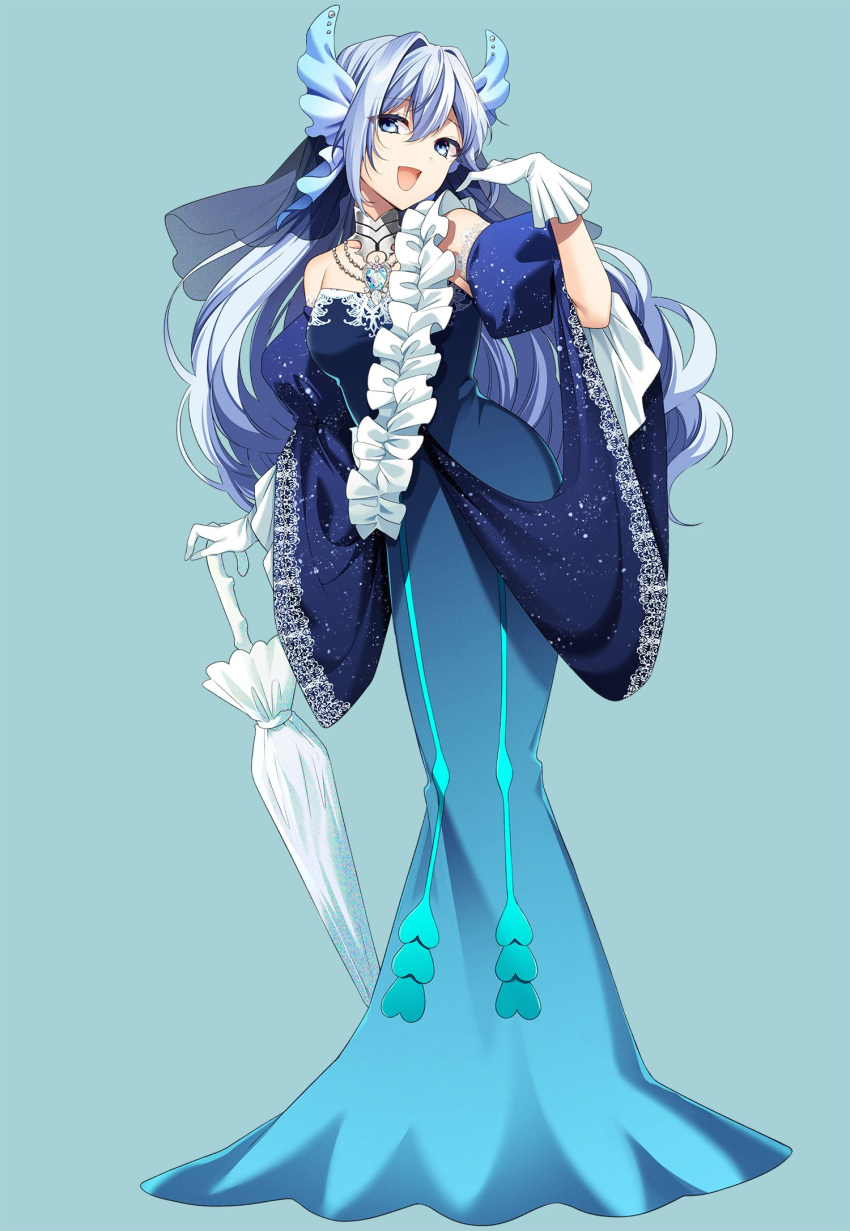 1girl :d aitsuki_nakuru aki_itoguchi blue_background blue_dress blue_eyes blue_gemstone blue_hair blue_veil breasts closed_umbrella collar commentary_request detached_sleeves dot_nose double-parted_bangs dress eida eyelashes fins frilled_gloves frilled_sash frills full_body gem gloves gradient_dress hair_between_eyes hair_intakes hand_on_umbrella hand_up head_fins highres jewelry la_priere long_bangs long_dress long_hair looking_at_viewer marine_antoine_(eida) medium_breasts metal_collar necklace open_mouth pearl_necklace pendant print_dress puffy_detached_sleeves puffy_sleeves sash see-through_veil shoulder_sash simple_background smile solo standing strapless strapless_dress tachi-e umbrella utaite wavy_hair white_gloves white_sash white_umbrella