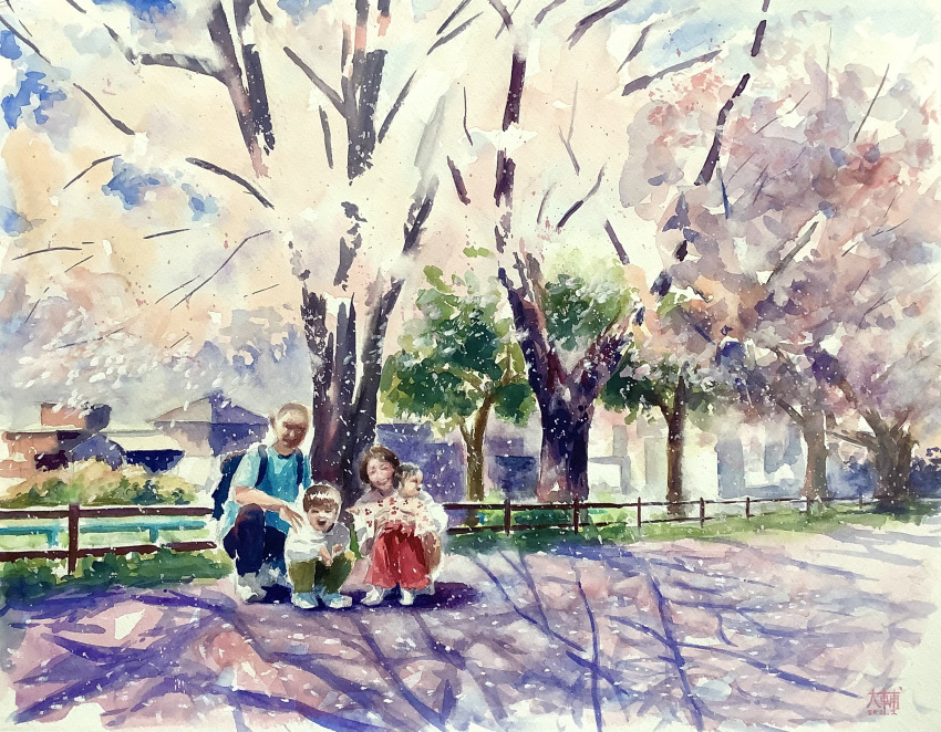 1girl 2boys blue_sky building cherry_blossoms child day didi_daisukedoi fence highres multiple_boys original painting_(medium) parent_and_child path scenery shadow sky sunlight town traditional_media tree watercolor_(medium) wooden_fence