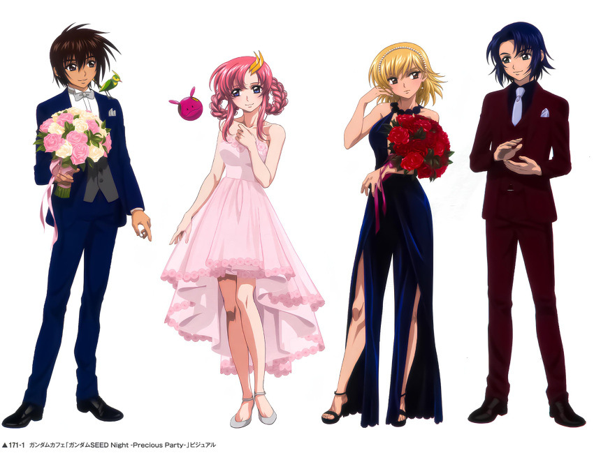 athrun_zala blonde_hair blue_eyes blue_hair bouquet brother_and_sister brown_eyes brown_hair cagalli_yula_athha dress flower formal green_eyes gundam gundam_seed gundam_seed_destiny hair_ornament haro highres holding holding_bouquet kira_yamato lacus_clyne official_alternate_costume official_art pants pink_dress pink_hair short_hair siblings smile suit violet_eyes yellow_eyes