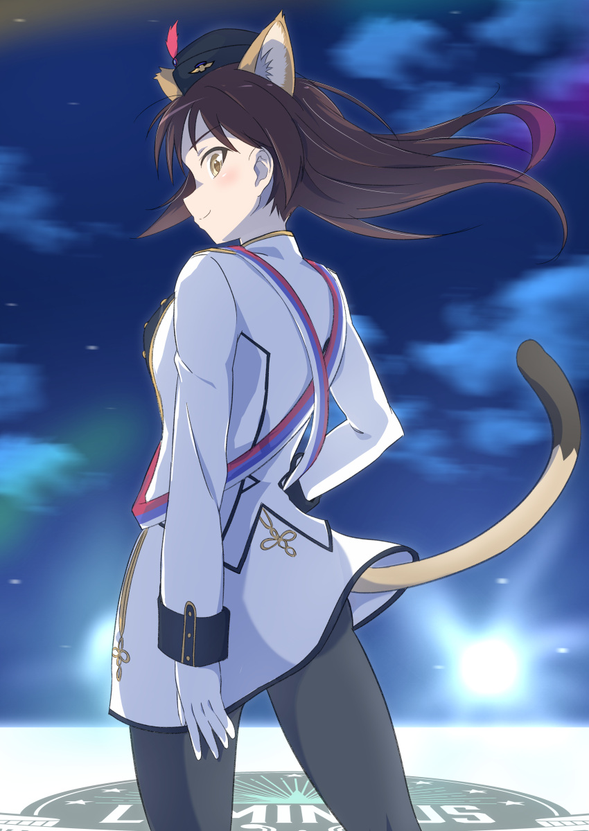 1girl absurdres animal_ears black_hat brown_eyes brown_hair cat_ears cat_tail closed_mouth clouds cloudy_sky cowboy_shot eleonore_giovanna_gassion emblem from_behind garrison_cap gloves hat highres jacket long_hair long_sleeves looking_at_viewer looking_back luminous_witches miniskirt night outdoors skirt sky smile solo stage_lights standing tail text_in_mouth tricky_46 white_gloves white_jacket white_skirt wind world_witches_series
