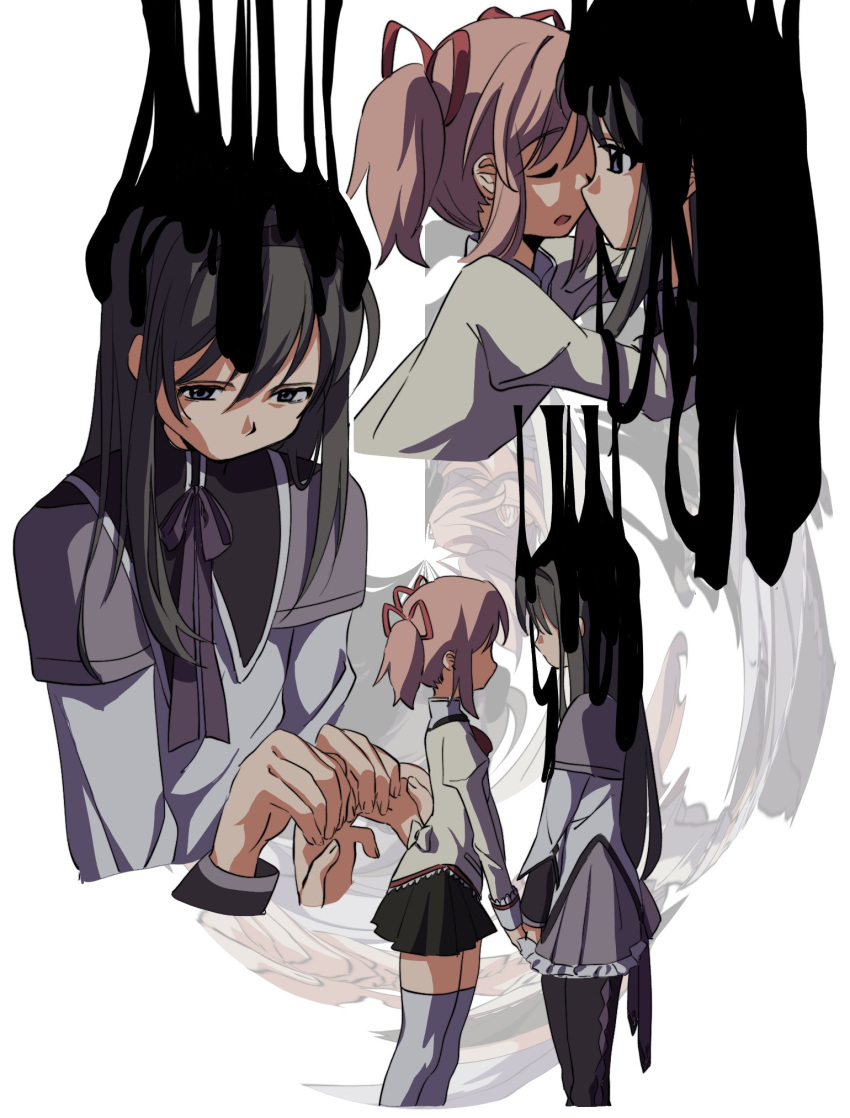 2girls akemi_homura akemi_homura_(magical_girl) black_hair bow dripping from_side hair_bow hair_ribbon hairband highres holding_hands kaname_madoka kuro_miumu long_hair magical_girl mahou_shoujo_madoka_magica mitakihara_school_uniform multiple_girls pantyhose pink_hair ribbon school_uniform short_hair short_twintails skirt slime_(substance) standing thigh-highs twintails violet_eyes yuri zettai_ryouiki