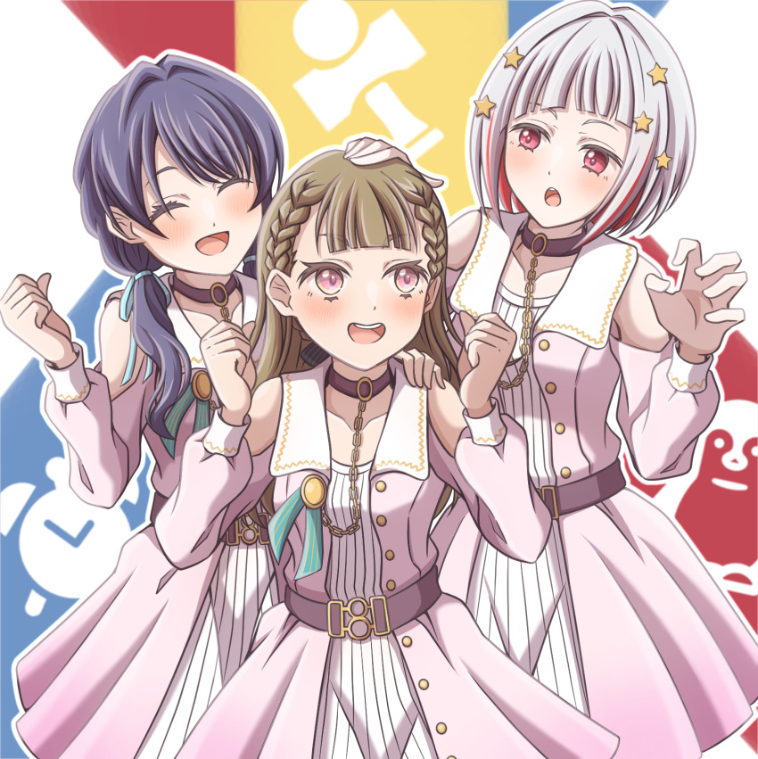 3girls :d :o ^_^ belt blue_background blue_hair blue_ribbon blunt_bangs blush bob_cut braid brown_belt brown_choker brown_hair center-flap_bangs choker claw_pose clenched_hand clenched_hands closed_eyes clothing_cutout collarbone collared_dress colored_inner_hair commentary_request dark_blue_hair diagonal_bangs dollchestra dream_believers_(love_live!) dress ganbarai gradient_dress green_ribbon grey_background grey_hair hair_ornament hair_ribbon hand_on_another's_head highres inverted_bob kachimachi_kosuzu link!_like!_love_live! logo long_hair long_sleeves looking_at_another love_live! low_twintails multicolored_hair multiple_girls murano_sayaka open_clothes open_dress open_mouth pink_dress pink_eyes red_background red_eyes redhead ribbed_dress ribbon short_hair shoulder_cutout side_braids sleeve_cuffs smile star_(symbol) star_hair_ornament straight_hair streaked_hair teeth twintails upper_teeth_only v-shaped_eyebrows virtual_youtuber white_dress yellow_background yugiri_tsuzuri
