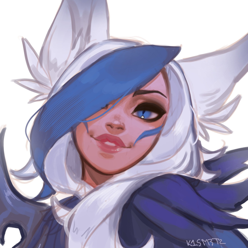 1girl animal_ears artist_name black_eyeliner black_eyeshadow blue_eyes blue_hair eyeliner eyeshadow feathers hair_over_one_eye highres kisume_to league_of_legends long_hair looking_at_viewer makeup multicolored_hair simple_background smile ssg_xayah two-tone_hair white_background white_hair xayah
