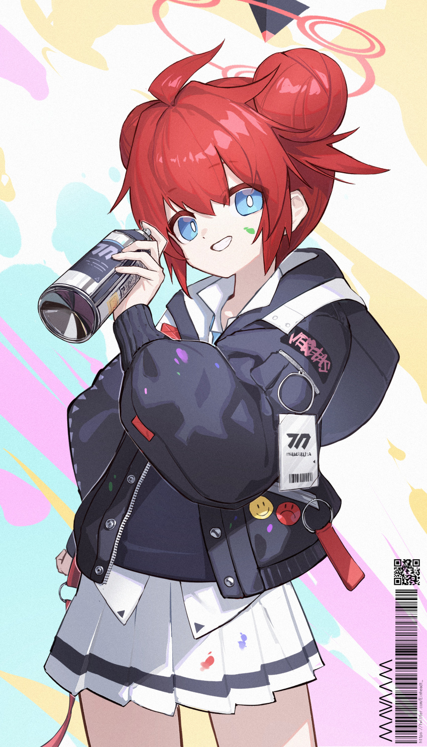 1girl absurdres black_jacket blue_archive blue_eyes collared_shirt cowboy_shot double_bun einheadt grin hair_bun halo highres holding jacket long_sleeves looking_at_viewer maki_(blue_archive) open_clothes open_jacket pleated_skirt red_halo redhead shirt short_hair skirt smile solo spray_can white_shirt white_skirt