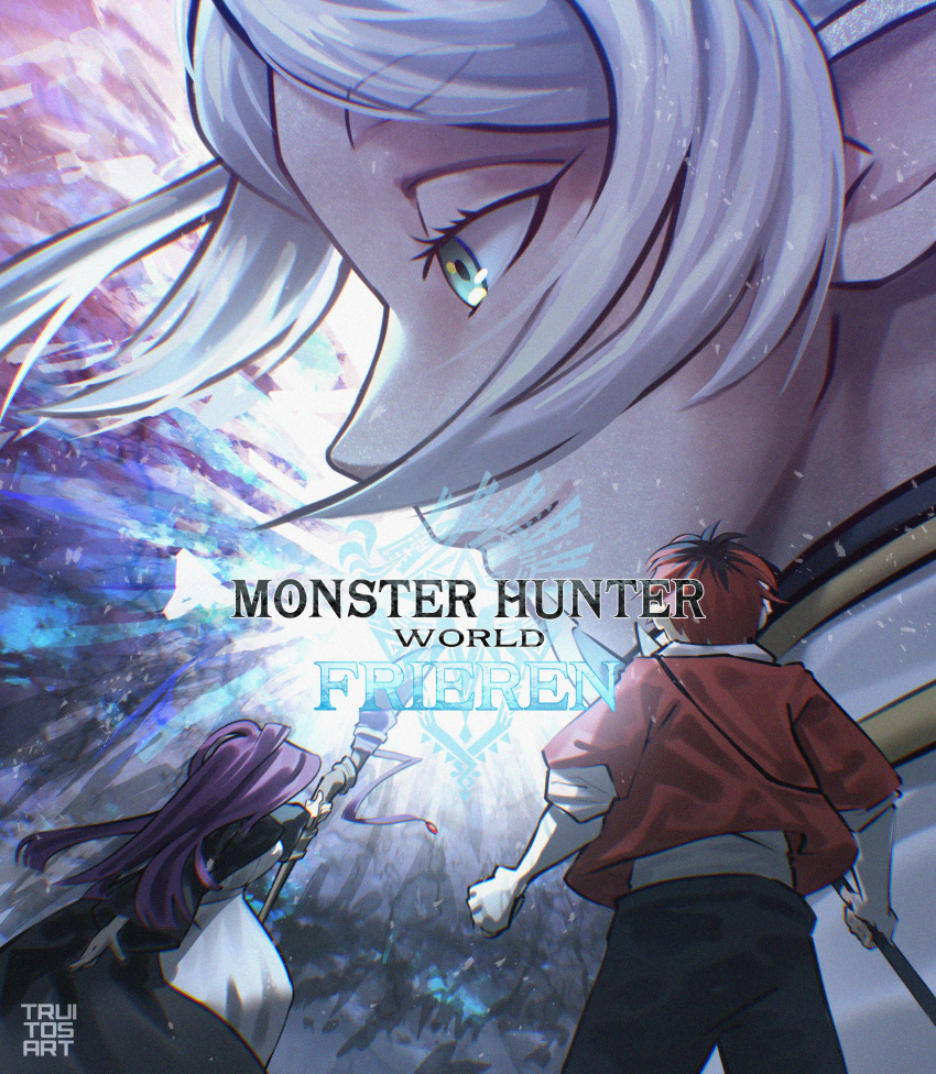 1boy 2girls absurdres axe battle_axe black_coat box_art coat commentary cover dress english_commentary fake_box_art fern_(sousou_no_frieren) frieren from_behind green_eyes highres holding holding_axe holding_staff jacket mage_staff monster_hunter:_world monster_hunter_(series) monster_hunter_world:_iceborne multiple_girls parody parted_bangs pointy_ears profile red_jacket redhead smile sousou_no_frieren staff stark_(sousou_no_frieren) truitosart video_game_cover weapon white_dress white_hair