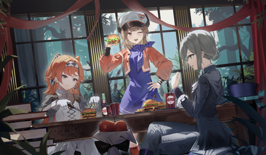 :d absurdres blue_neckerchief boater_hat book book_stack bottle brown_eyes brown_hair burger cabbie_hat checkered_hairband cheese closed_mouth crossed_legs cup dutch_angle fast_food food gloves grey_eyes grey_hair grey_sleeves hair_bun hat high_collar highres holding holding_food holding_knife knife lettuce maanu medium_hair neckerchief one_eye_closed open_mouth orange_hair polka_dot_neckerchief record_jacket regulus_(reverse:1999) reverse:1999 sesame_seeds single_side_bun sitting smile soda sonetto_(reverse:1999) table tomato tomato_slice top_hat tree vertin_(reverse:1999) waistcoat white_gloves window yellow_eyes