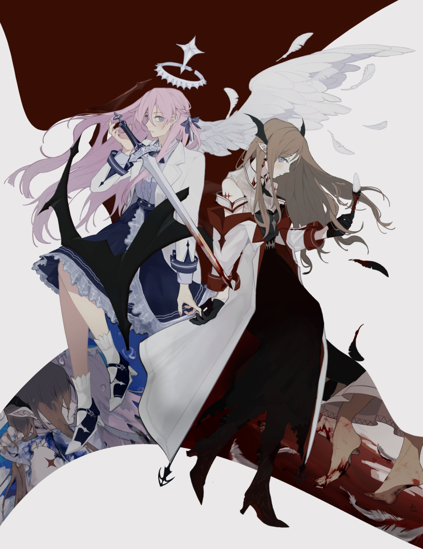 2girls absurdres angel angel_wings bang_dream! bang_dream!_it's_mygo!!!!! black_dress black_gloves blood blood_on_weapon blue_eyes blue_ribbon blue_skirt blush braid breasts brown_hair bunnyeiei center_frills chihaya_anon closed_mouth clothing_cutout commentary_request demon demon_horns demon_wings dress earrings english_commentary falling_feathers feathered_wings feathers floating_hair french_braid frills gloves hair_between_eyes hair_ribbon highres holding holding_hands holding_sword holding_weapon horns jacket jewelry long_hair long_sleeves medium_breasts multiple_girls nagasaki_soyo open_clothes open_jacket pink_hair pointy_ears ribbon shirt shirt_tucked_in shoulder_cutout sidelocks skirt socks sword thai_commentary weapon white_background white_jacket white_shirt white_socks wings