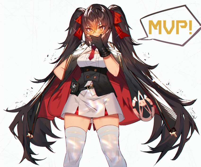 1girl belt black_cape black_gloves black_hair blush breasts buttons cape double-breasted girls_frontline gloves hair_ribbon hand_on_own_face highres long_hair looking_at_viewer medium_breasts necktie orange_eyes red_necktie red_ribbon ribbon skirt solo soukou_makura standing thigh-highs twintails type_97_(girls'_frontline) white_skirt white_thighhighs