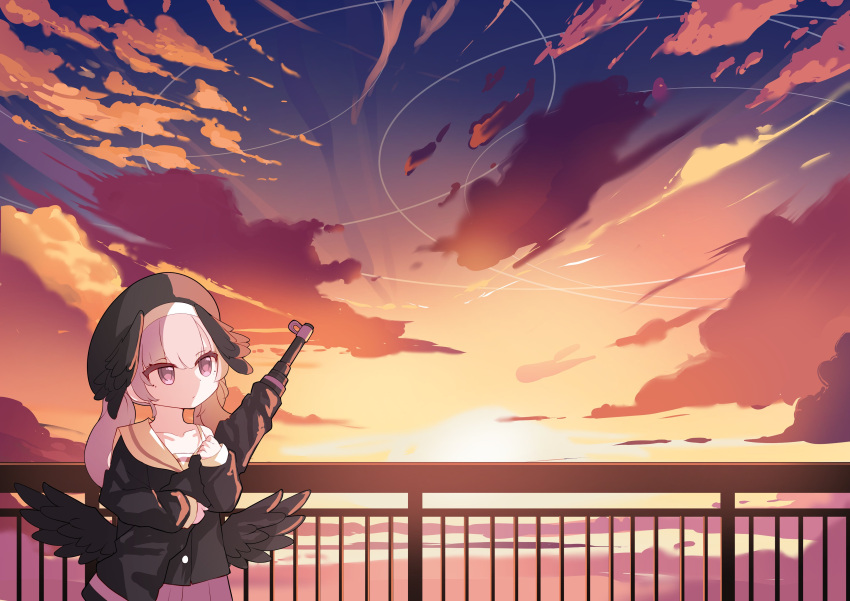 1girl absurdres beret black_hat black_shirt black_wings blue_archive closed_mouth clouds cloudy_sky collarbone commentary feathered_wings gun hat head_wings highres hugging_object koharu_(blue_archive) long_hair low_twintails low_wings off_shoulder outdoors pink_hair pleated_skirt purple_skirt railing sailor_collar school_uniform serafuku shirt skirt sky solo sunset twintails violet_eyes weapon white_sailor_collar wings xtacy