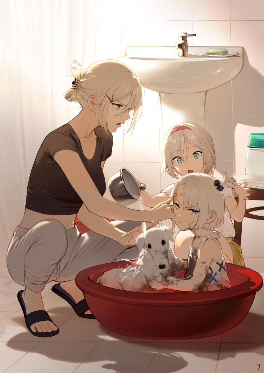 3girls absurdres aged_down ak-12_(girls'_frontline) alternate_hairstyle an-94_(girls'_frontline) bathroom black_shirt blonde_hair dirty dog duoyuanjun girls_frontline hair_ornament hairclip highres multiple_girls one_side_up pouring_onto_another shaw_(girls'_frontline) shirt short_hair slippers squatting