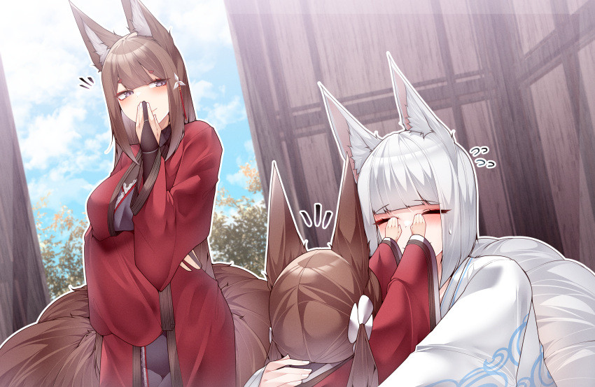 3girls absurdres age_difference amagi-chan_(azur_lane) amagi_(azur_lane) animal_ear_fluff animal_ears azur_lane blue_sky blunt_bangs blush breasts bridal_gauntlets brown_hair closed_eyes clouds cloudy_sky commentary covered_eyes dated_commentary flying_sweatdrops fox_ears fox_girl fox_tail hair_ornament hand_up hands_on_another's_face highres hug japanese_clothes kaga_(azur_lane) kimono kitsune kneeling kyuubi large_breasts long_hair looking_at_another looking_to_the_side multiple_girls multiple_tails red_kimono samip short_hair sidelocks sky smile standing sweatdrop tail thick_eyebrows twintails violet_eyes white_hair white_kimono wide_sleeves wooden_wall