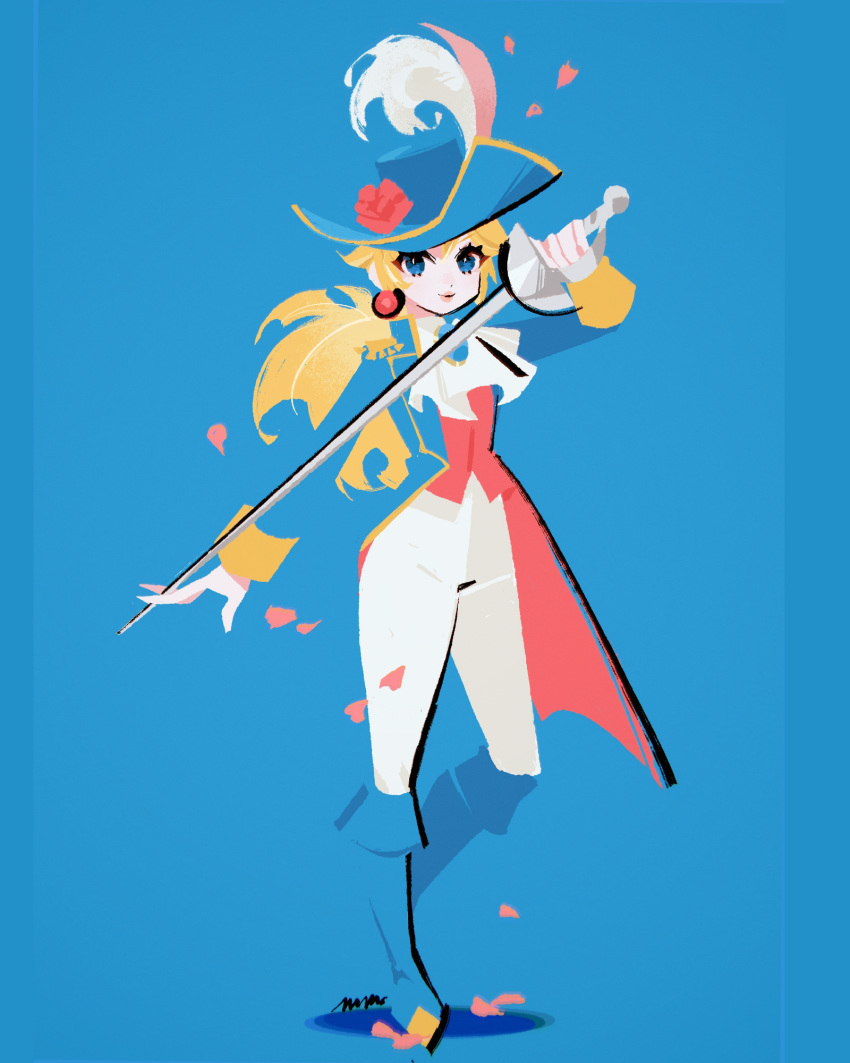 1girl ascot blonde_hair blue_background blue_eyes blue_footwear blue_hat blue_jacket boots falling_petals hat_feather highres holding holding_sword holding_weapon jacket long_hair looking_at_viewer marina_(mrn9) pants petals princess_peach princess_peach:_showtime! shadow signature solo standing standing_on_one_leg super_mario_bros. sword swordfighter_peach weapon white_pants